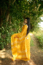 khanduapata White & Mustard Yellow Leaf Pattern Cotton Saree For Women | Grocsy