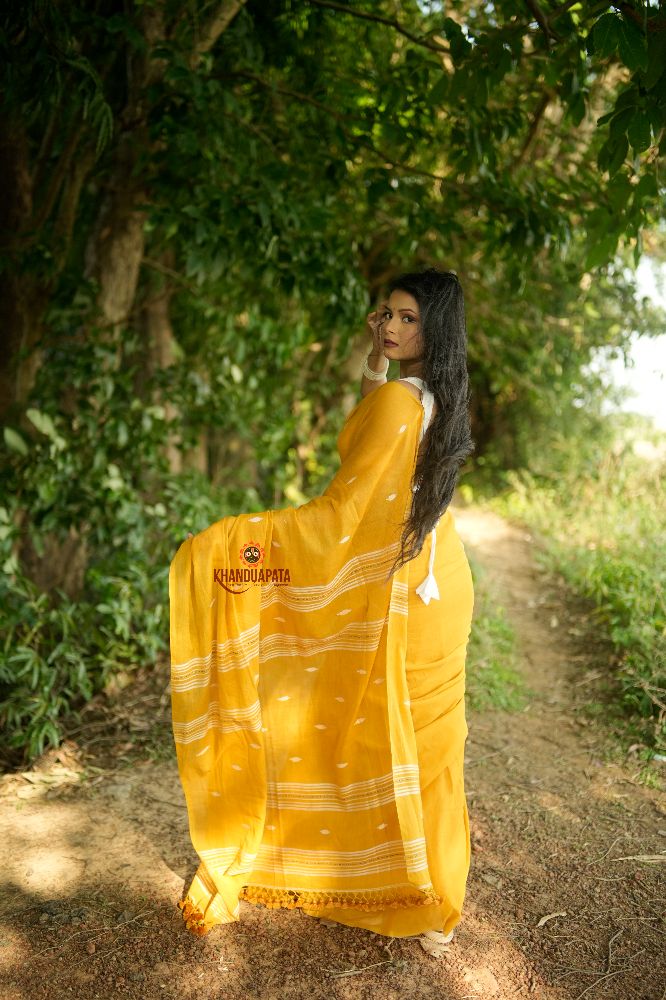 khanduapata White & Mustard Yellow Leaf Pattern Cotton Saree For Women | Grocsy