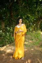 khanduapata White & Mustard Yellow Leaf Pattern Cotton Saree For Women | Grocsy