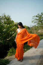 khanduapata Orange and White Leaf Pattern Cotton Saree For Women | Grocsy