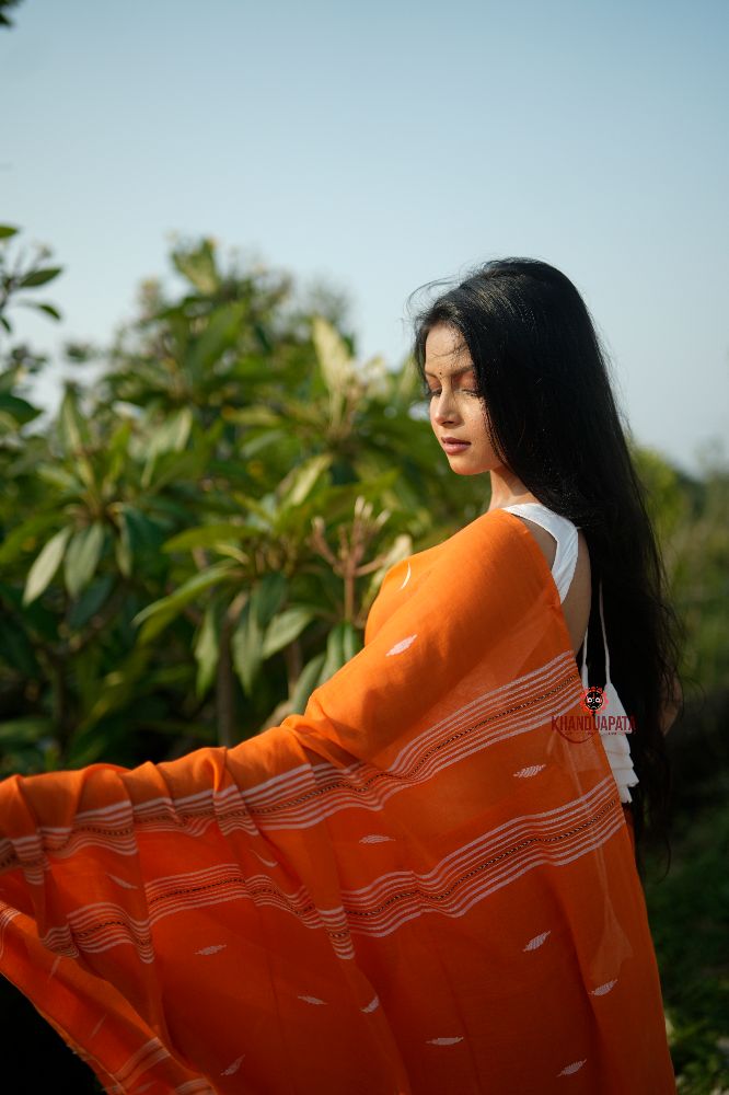 khanduapata Orange and White Leaf Pattern Cotton Saree For Women | Grocsy
