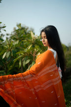 khanduapata Orange and White Leaf Pattern Cotton Saree For Women | Grocsy