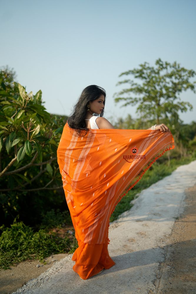 khanduapata Orange and White Leaf Pattern Cotton Saree For Women | Grocsy