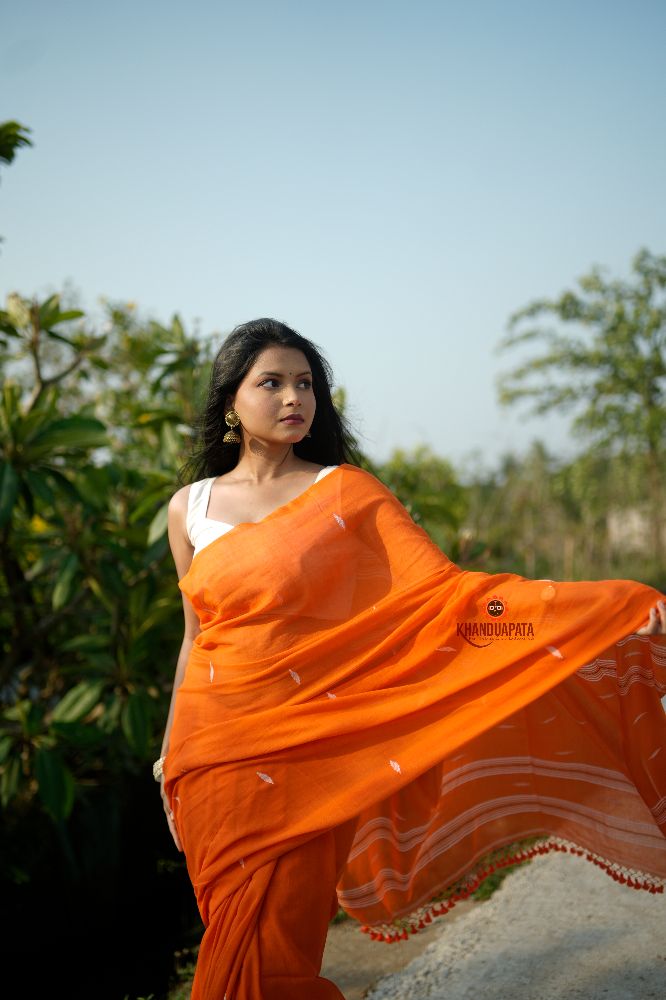 khanduapata Orange and White Leaf Pattern Cotton Saree For Women | Grocsy