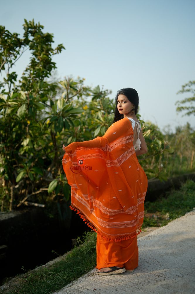 khanduapata Orange and White Leaf Pattern Cotton Saree For Women | Grocsy