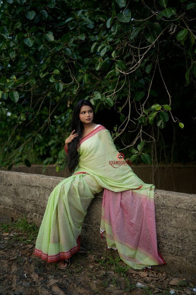 khanduapata Pink and Pastel Green Plain Cotton Saree For Women | Grocsy