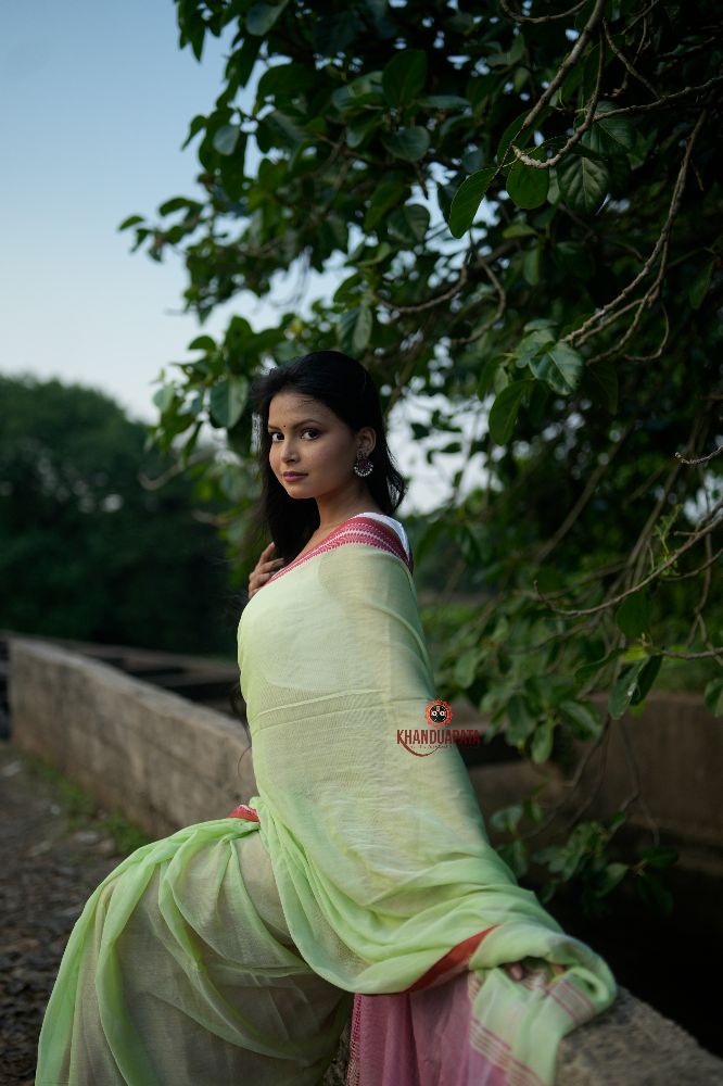 khanduapata Pink and Pastel Green Plain Cotton Saree For Women | Grocsy