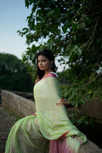 khanduapata Pink and Pastel Green Plain Cotton Saree For Women | Grocsy
