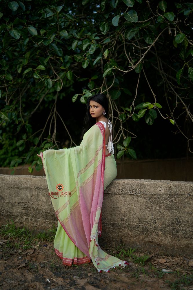 khanduapata Pink and Pastel Green Plain Cotton Saree For Women | Grocsy