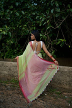 khanduapata Pink and Pastel Green Plain Cotton Saree For Women | Grocsy