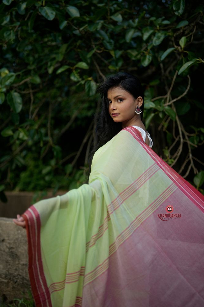 khanduapata Pink and Pastel Green Plain Cotton Saree For Women | Grocsy
