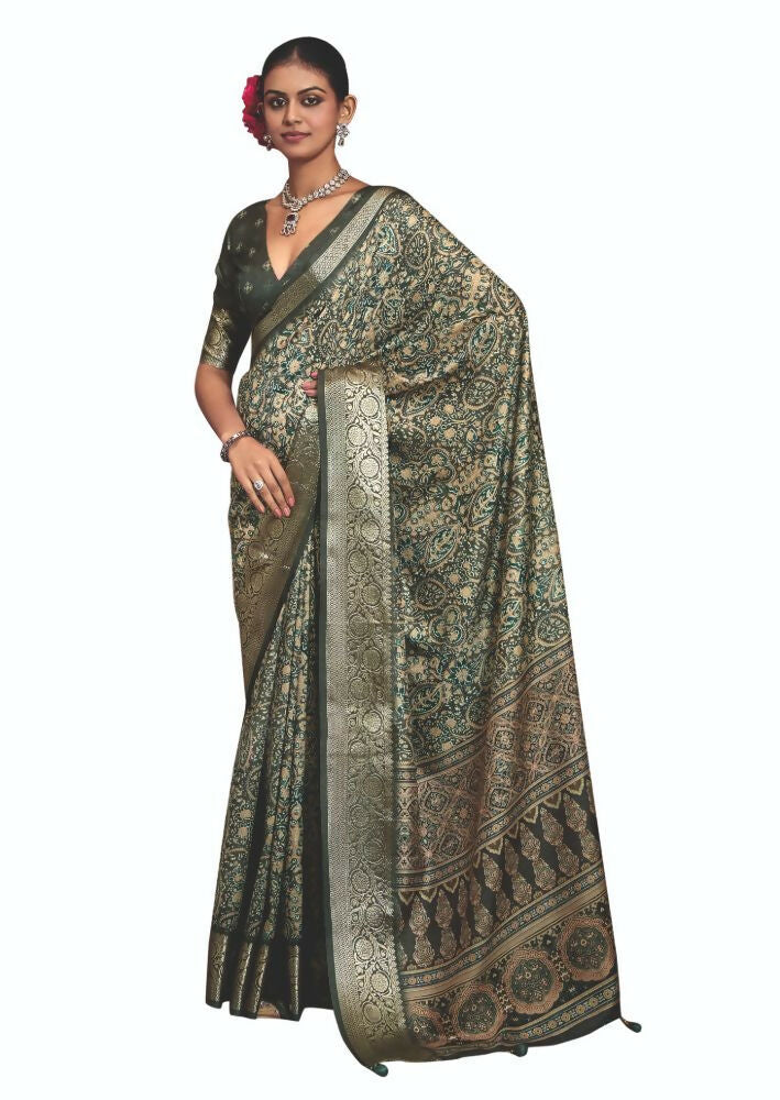 Joban Fashion Mehendi Green Dola Tussar Silk Self Jacquard Border Saree | Grocsy
