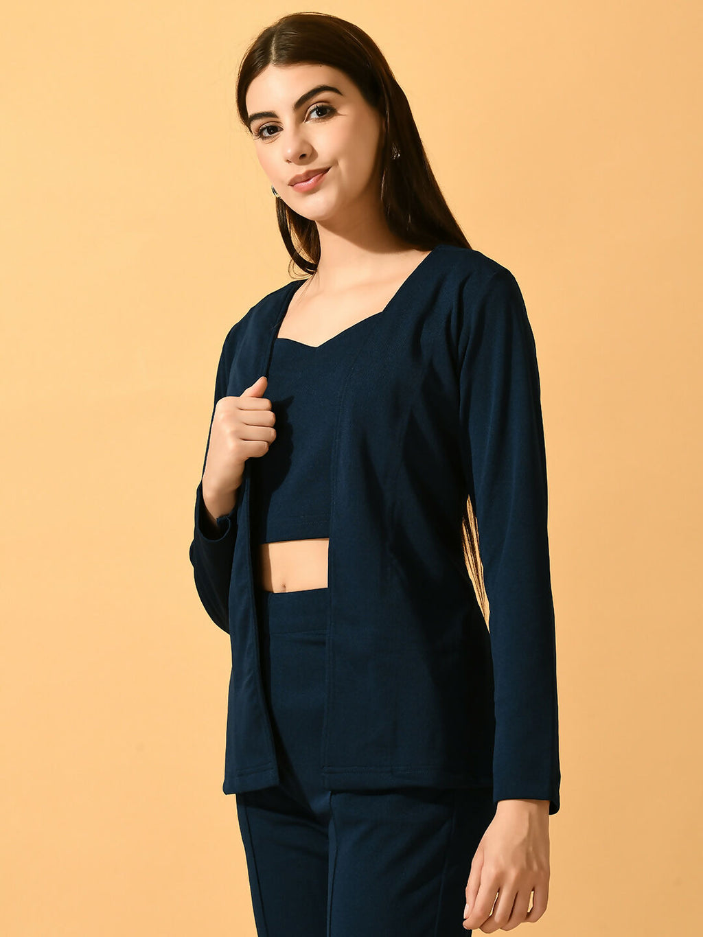 Myshka Women's Navy Blue Solid Solid Jacket | Grocsy
