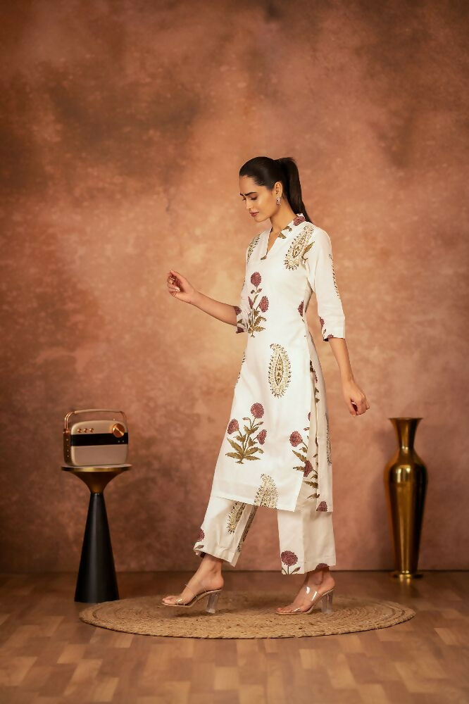 Joban Fashion Off White Red Floral Hand Block Printed Cotton Kurta Pant Set | Grocsy