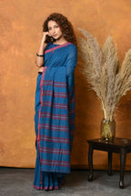 Very Much Indian Handloom Pure Cotton Saree With Sleek Border - Daisy Blue | Grocsy
