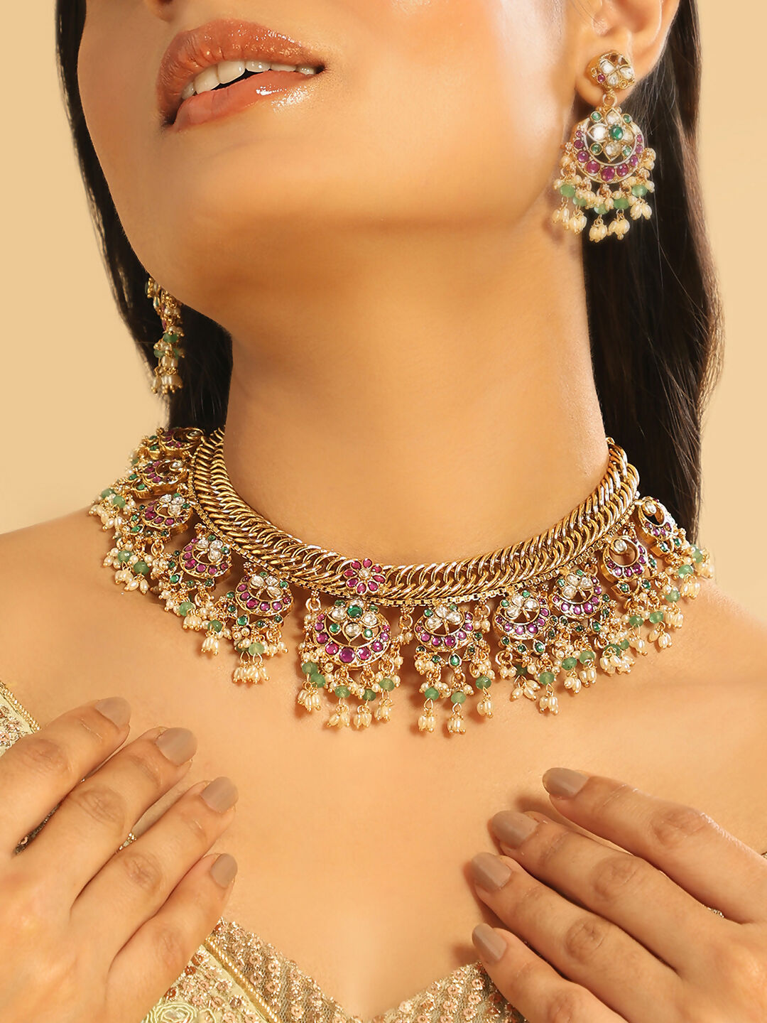 Nuyug 18K Gold Plated Estele Gold Tone Beaded Necklace Set | Grocsy