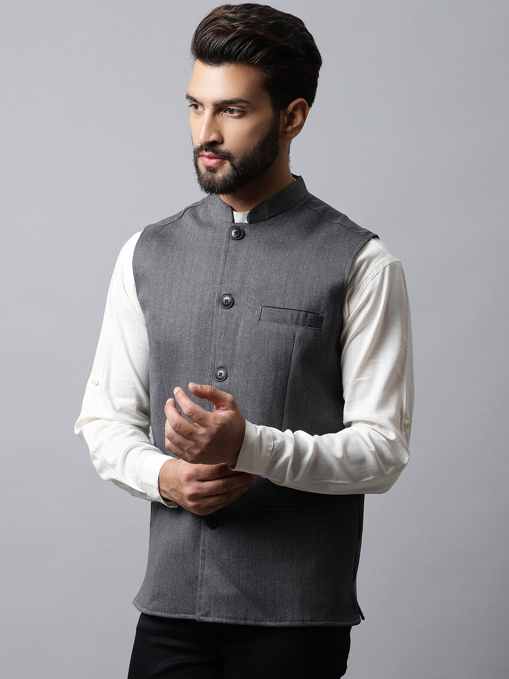 Even Apparels Men's Grey Nehru Jacket With Welt Pockets | Grocsy