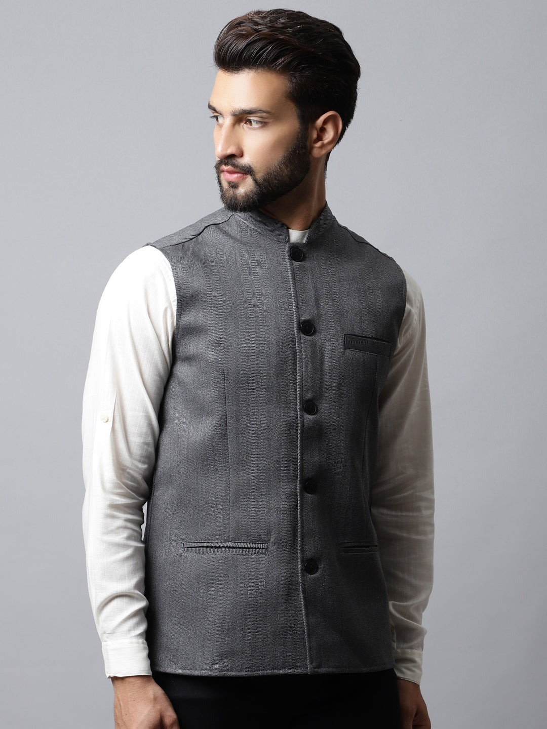 Even Apparels Men's Grey Nehru Jacket With Welt Pockets | Grocsy