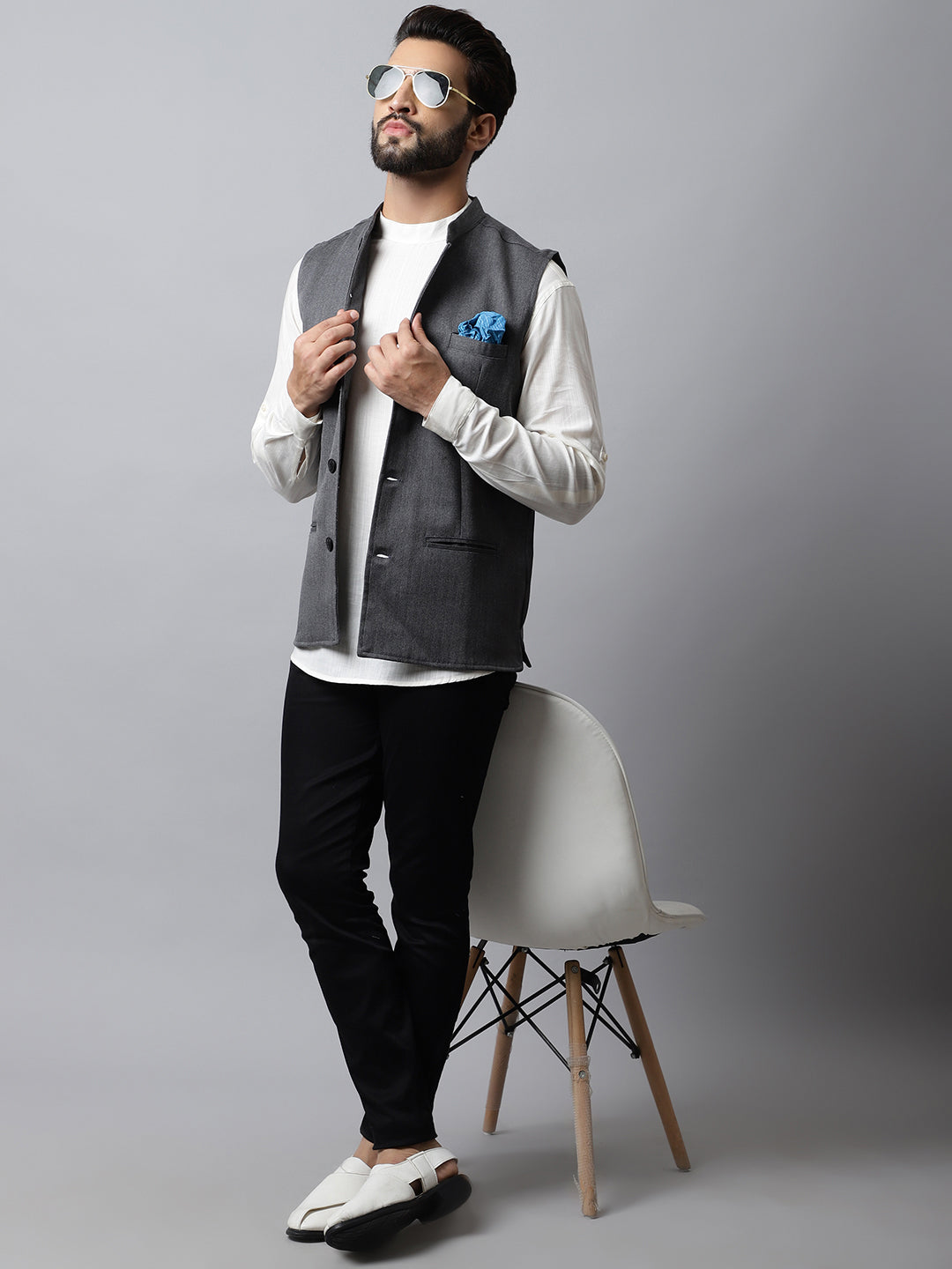 Even Apparels Men's Grey Nehru Jacket With Welt Pockets | Grocsy
