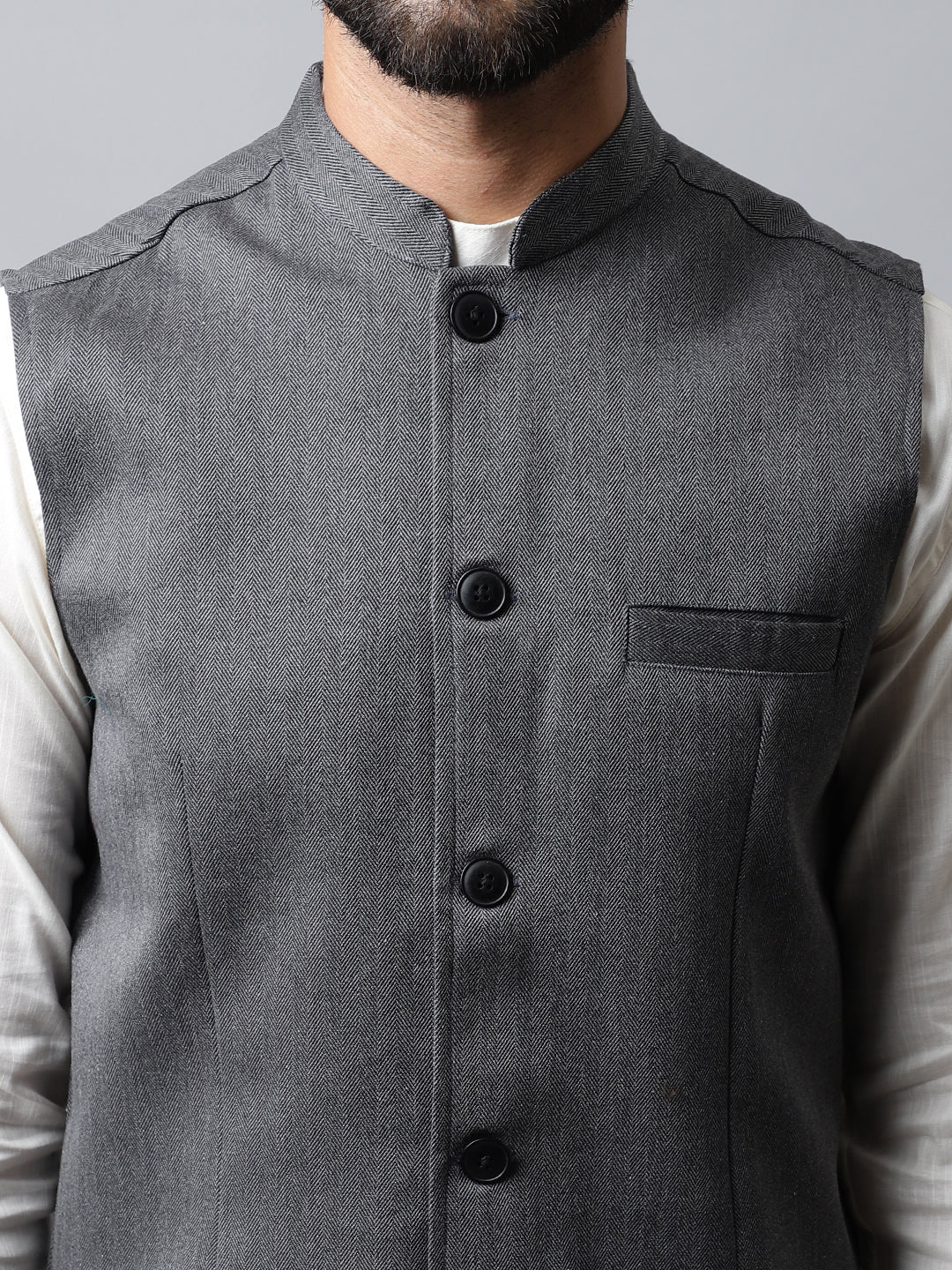 Even Apparels Men's Grey Nehru Jacket With Welt Pockets | Grocsy