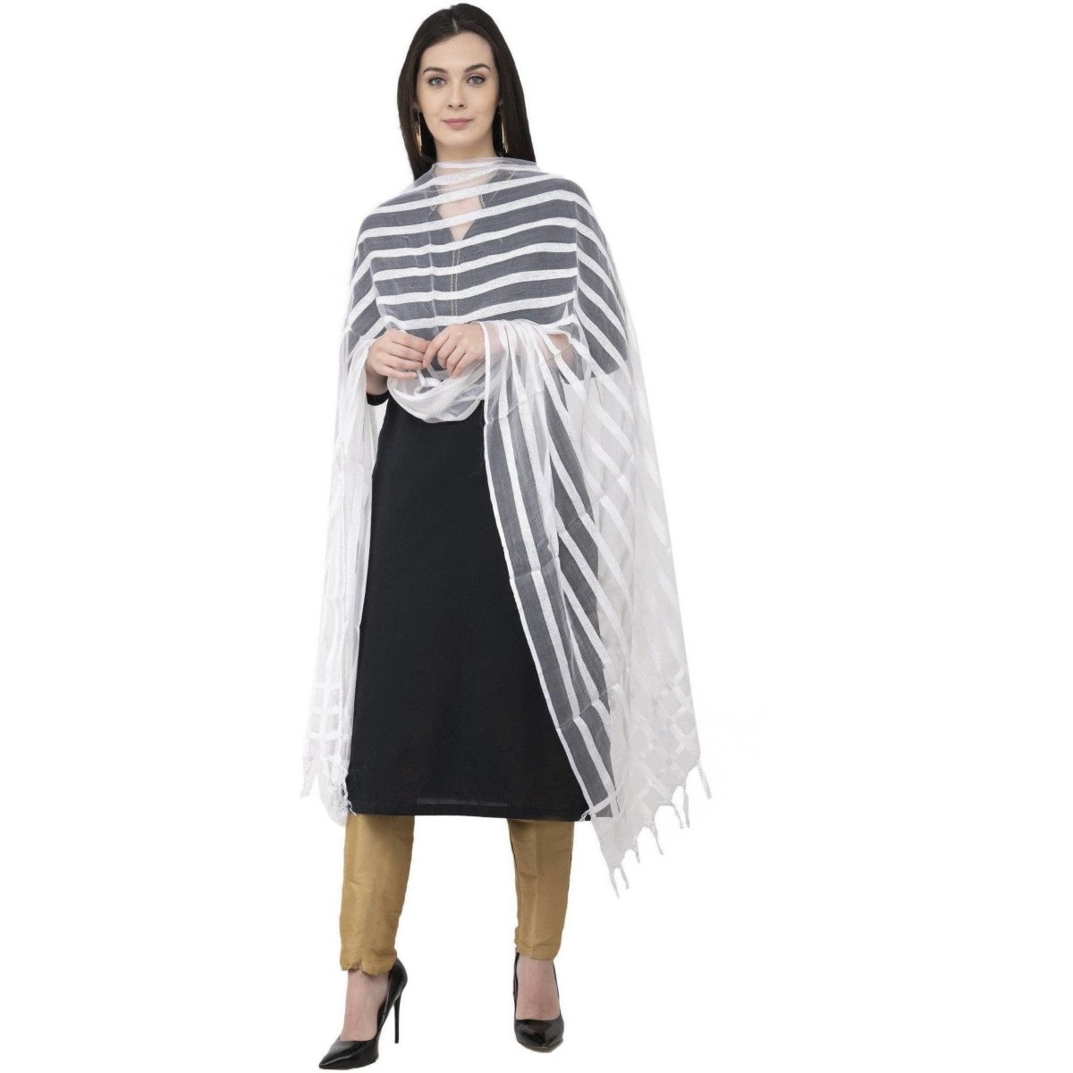 A R Silk Moti Luv Luv Stripe Regular Dupatta White Color Dupatta or Chunni | Grocsy