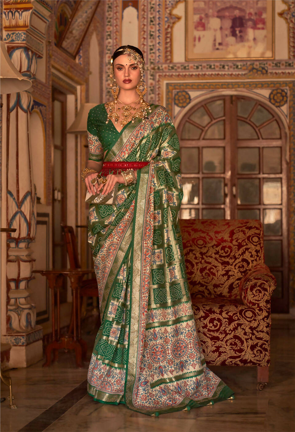 Dark Green P V Silk Digital Print, Zari Work Printed Saree - Rewaa Parampara | Grocsy