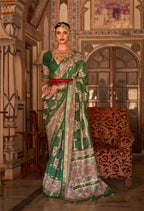 Dark Green P V Silk Digital Print, Zari Work Printed Saree - Rewaa Parampara | Grocsy