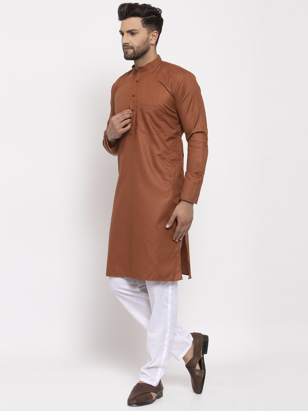 Jompers Men's Brown Cotton Solid Kurta Payjama Sets | Grocsy