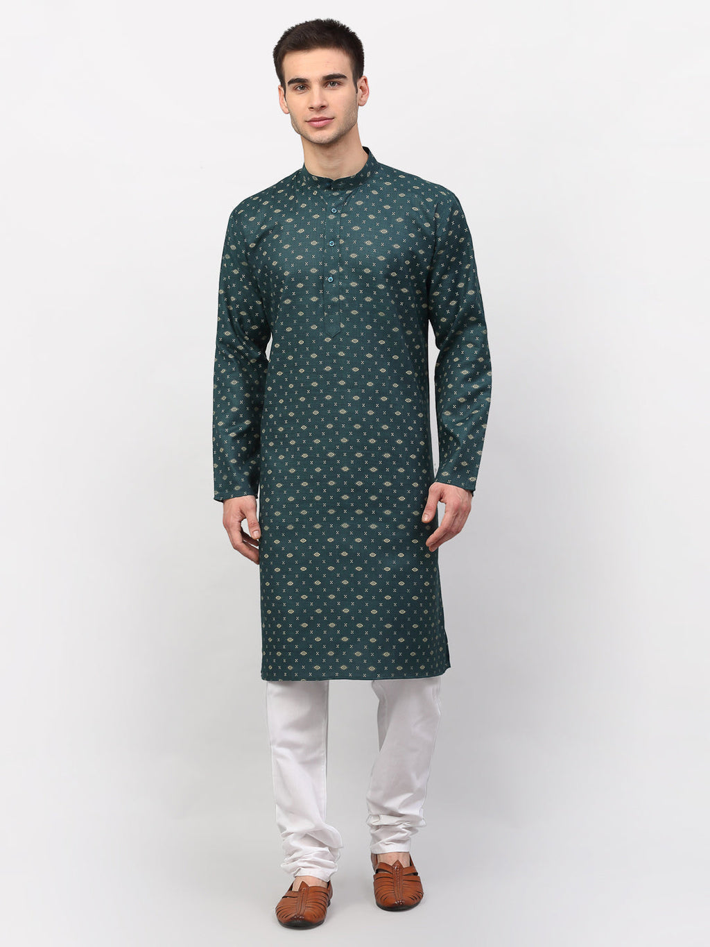 Jompers Men's Olive Printed Cotton Kurta Payjama Sets | Grocsy