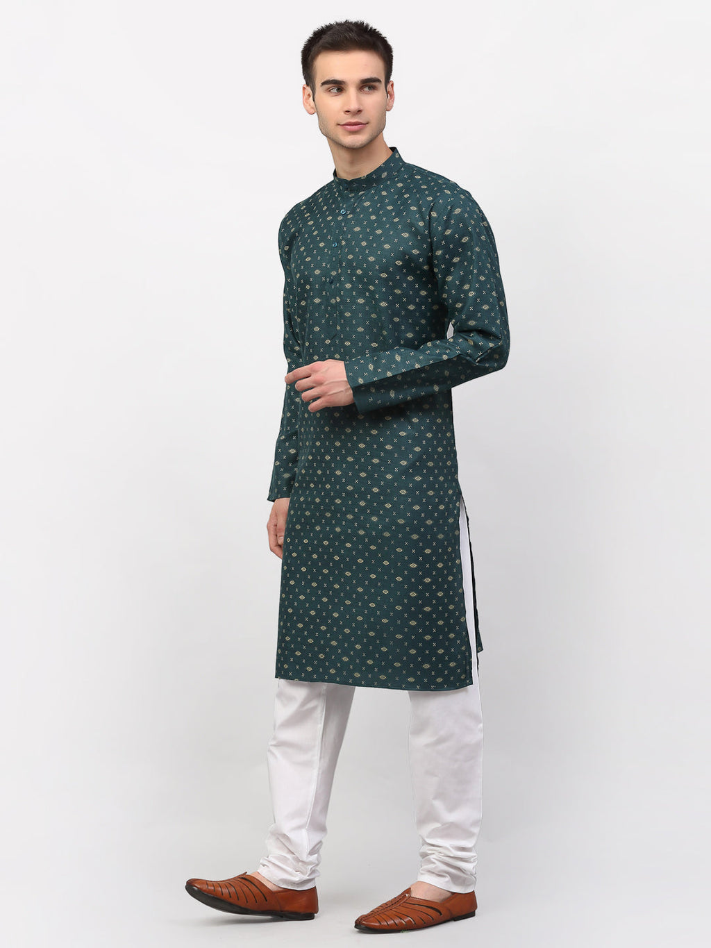 Jompers Men's Olive Printed Cotton Kurta Payjama Sets | Grocsy