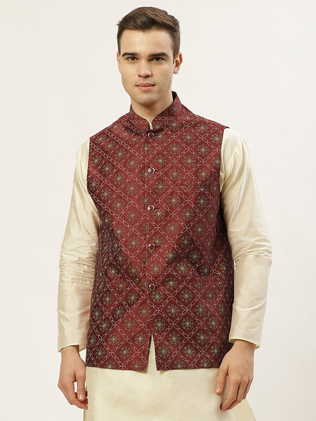 Jompers Men's Beautiful Maroon Printed Nehru Jacket | Grocsy