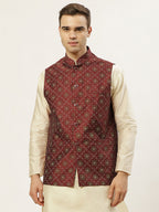Jompers Men's Beautiful Maroon Printed Nehru Jacket | Grocsy
