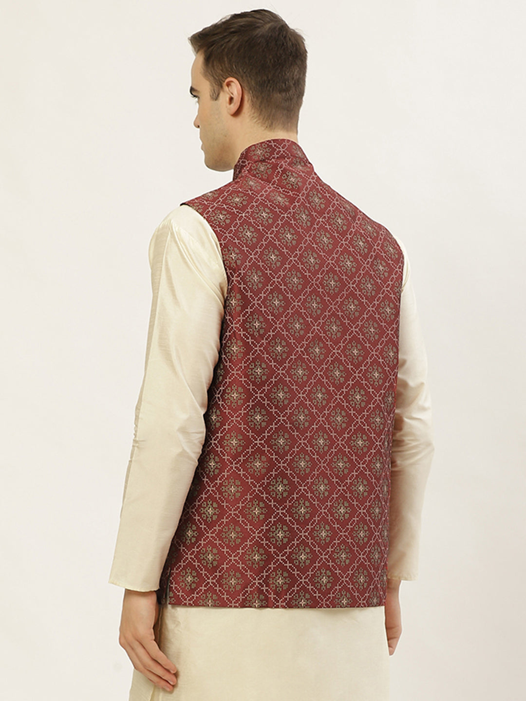 Jompers Men's Beautiful Maroon Printed Nehru Jacket | Grocsy
