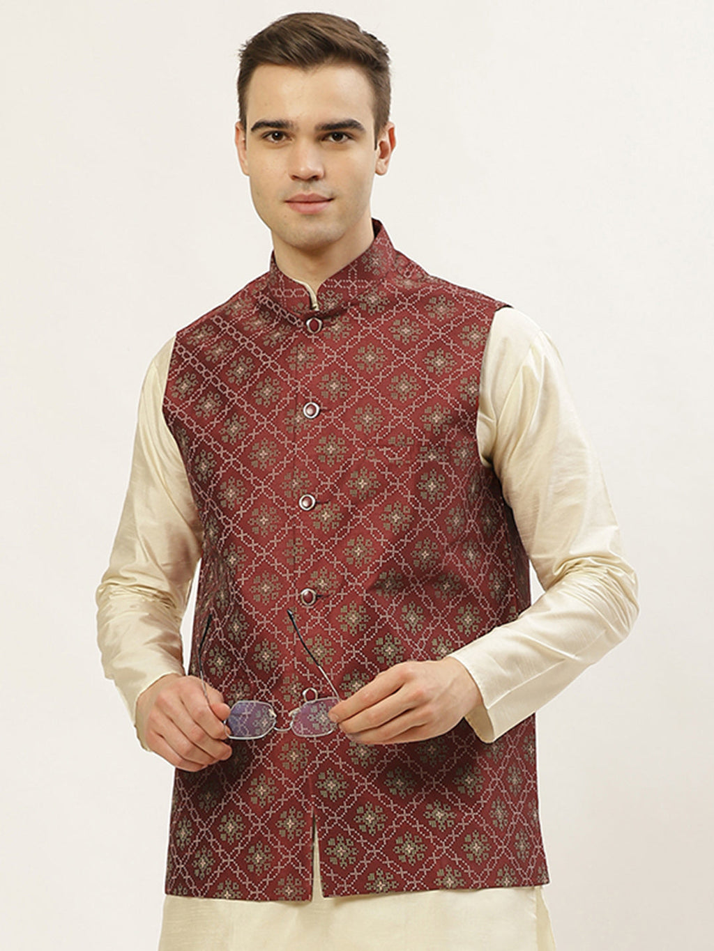 Jompers Men's Beautiful Maroon Printed Nehru Jacket | Grocsy