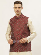 Jompers Men's Beautiful Maroon Printed Nehru Jacket | Grocsy