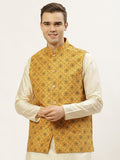 Jompers Men's Mustard Printed Nehru Jacket | Grocsy