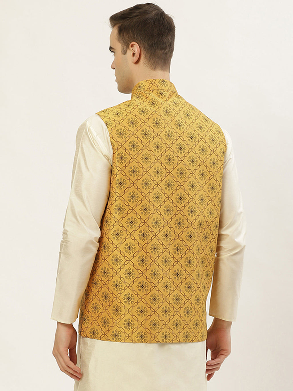 Jompers Men's Mustard Printed Nehru Jacket | Grocsy