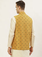 Jompers Men's Mustard Printed Nehru Jacket | Grocsy