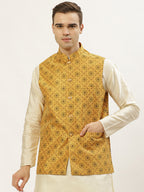 Jompers Men's Mustard Printed Nehru Jacket | Grocsy