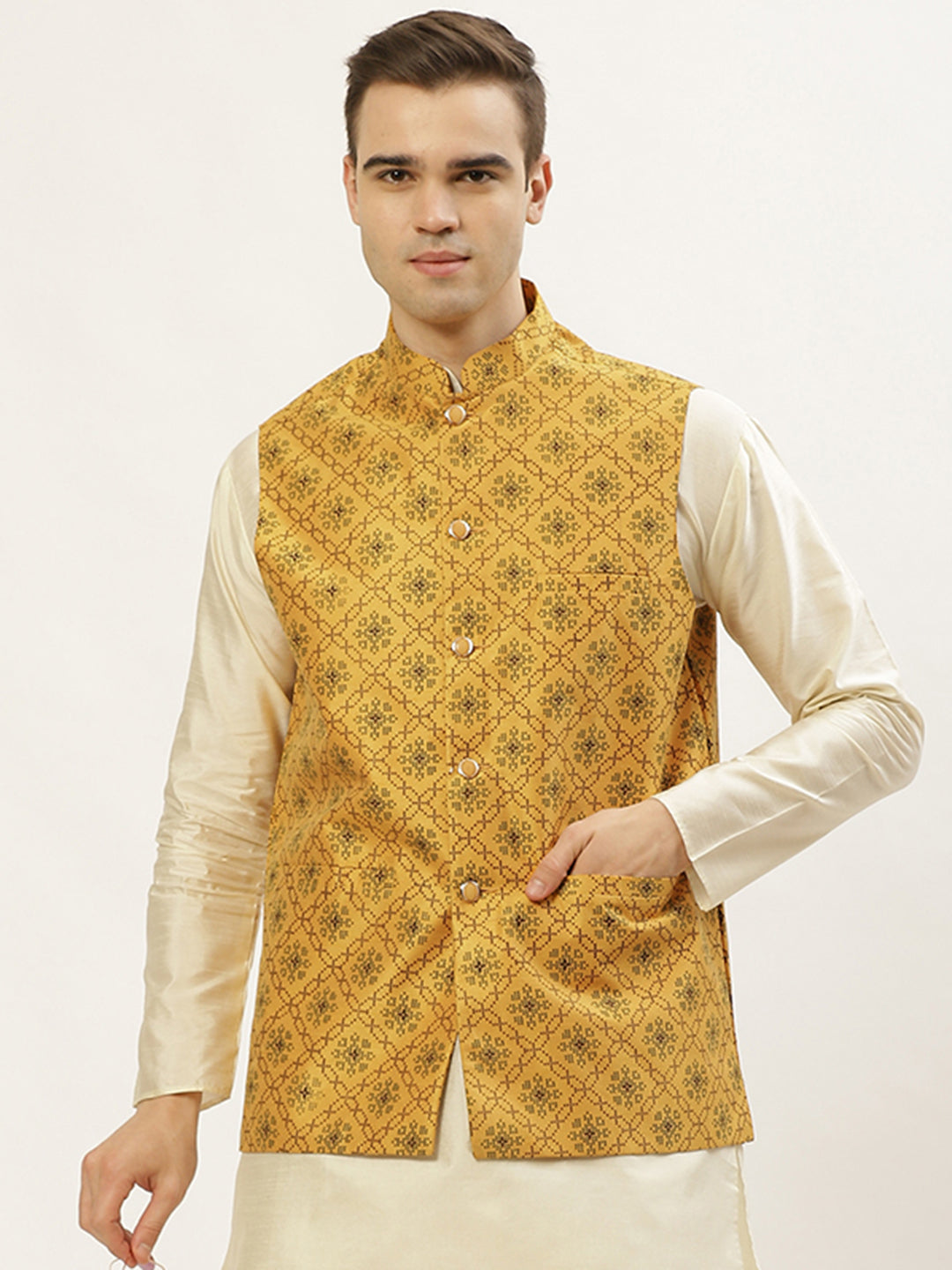 Jompers Men's Mustard Printed Nehru Jacket | Grocsy