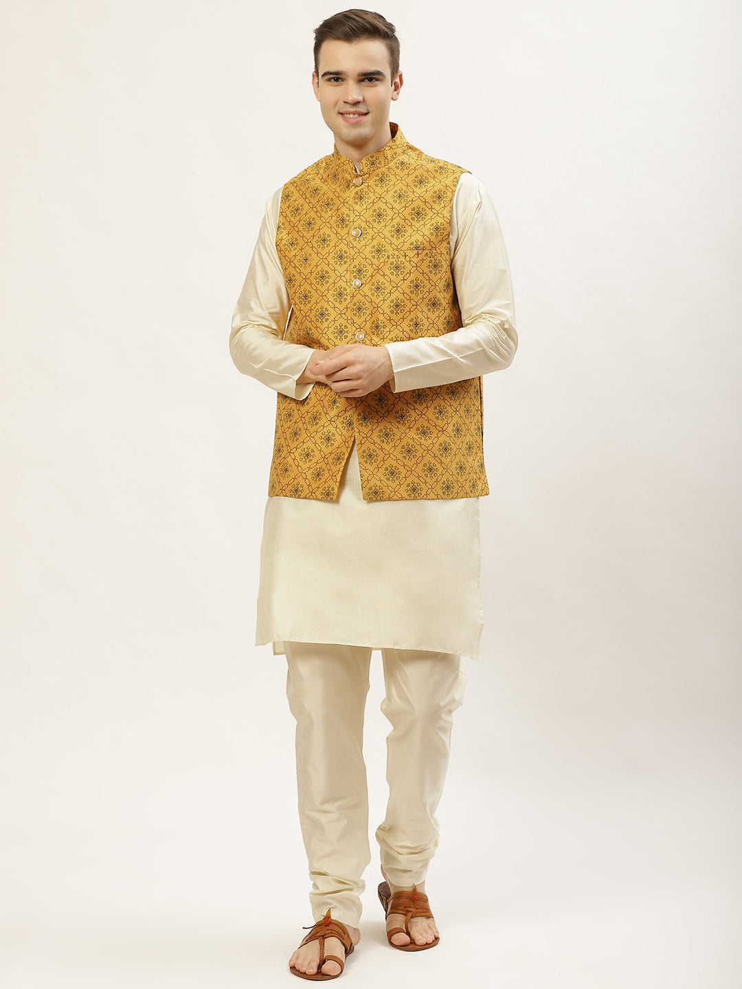 Jompers Men's Mustard Printed Nehru Jacket | Grocsy