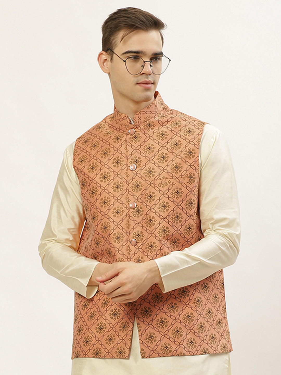 Jompers Men's Orange Printed Nehru Jacket | Grocsy
