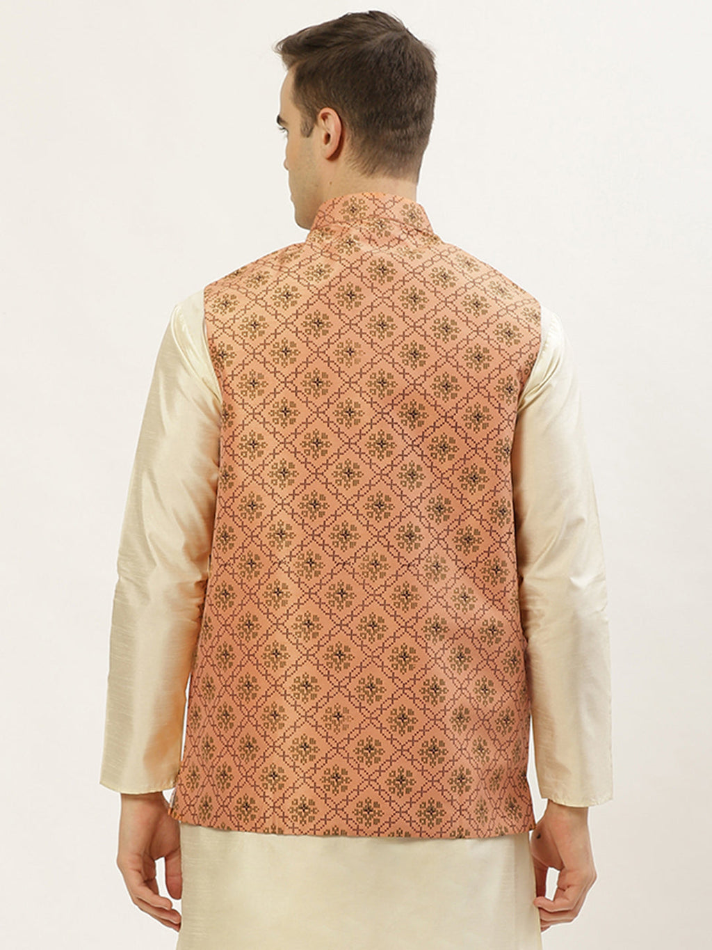 Jompers Men's Orange Printed Nehru Jacket | Grocsy