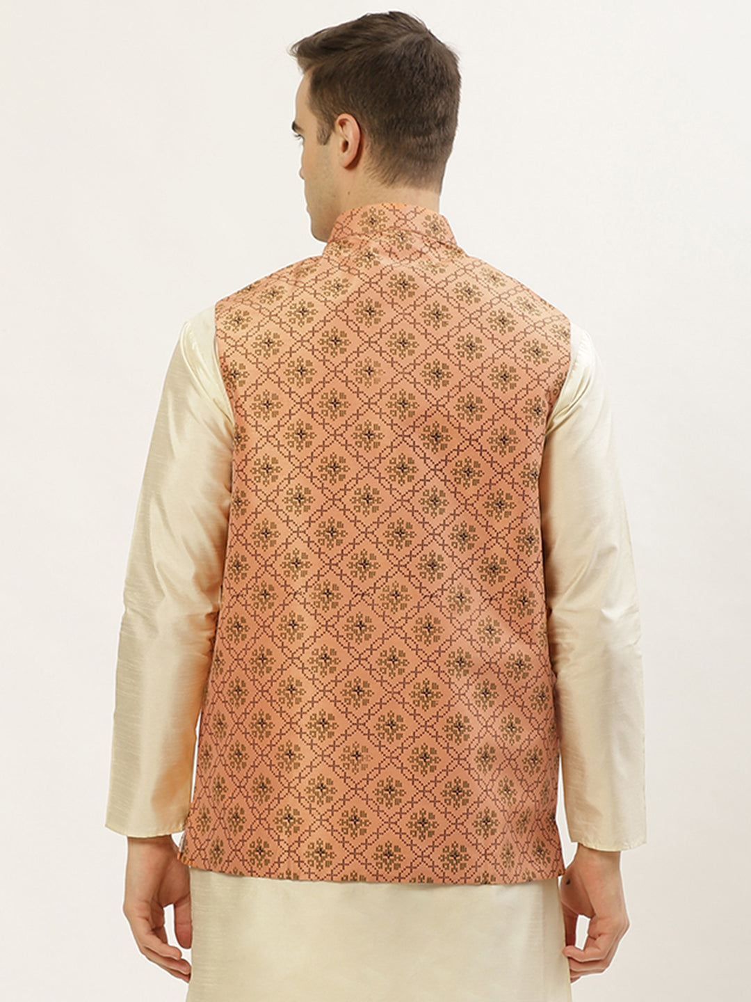Jompers Men's Orange Printed Nehru Jacket | Grocsy