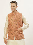 Jompers Men's Orange Printed Nehru Jacket | Grocsy