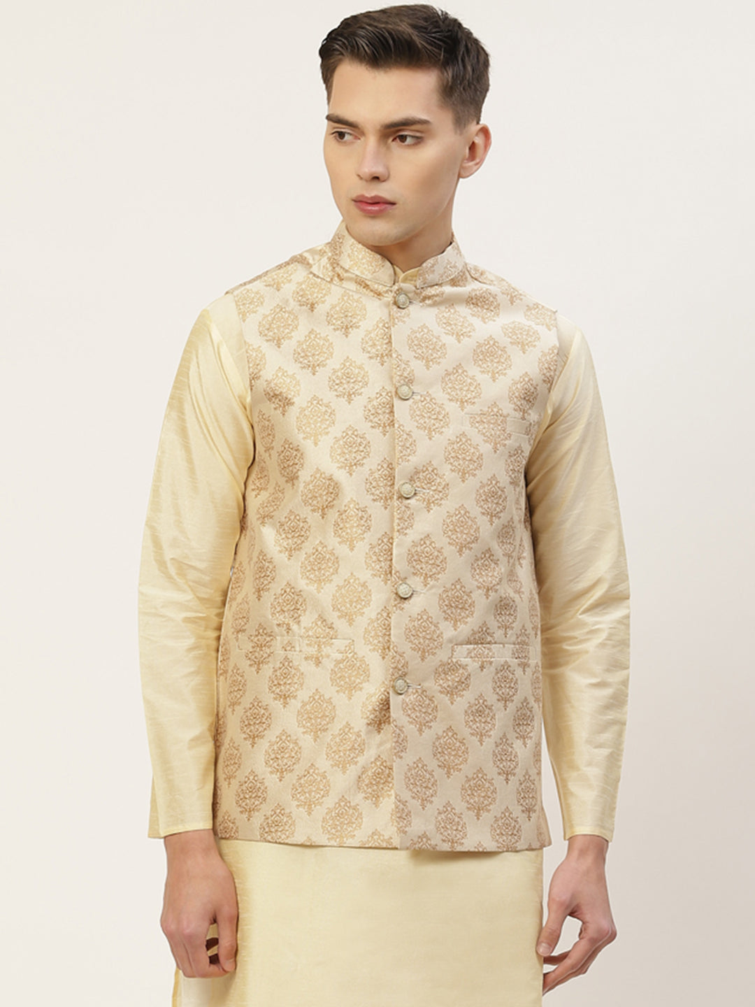 Jompers Men's Beautiful Cream Printed Nehru Jacket | Grocsy