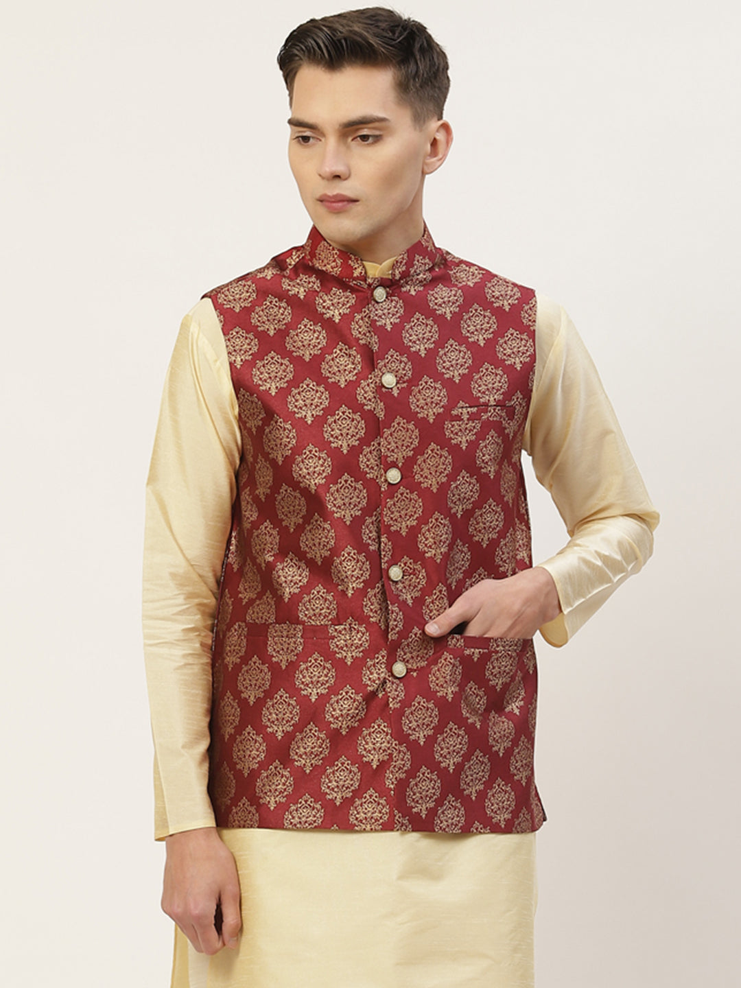 Jompers Men's Maroon Printed Nehru Jacket | Grocsy