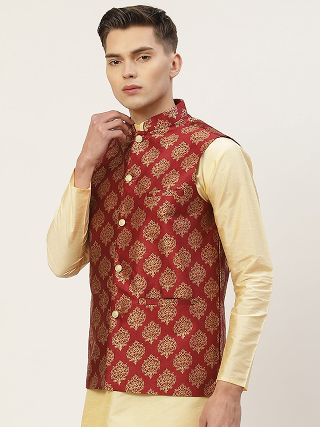 Jompers Men's Maroon Printed Nehru Jacket | Grocsy