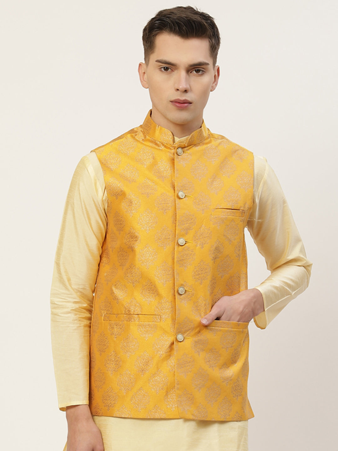 Jompers Men's Beautiful Mustard Printed Nehru Jacket | Grocsy