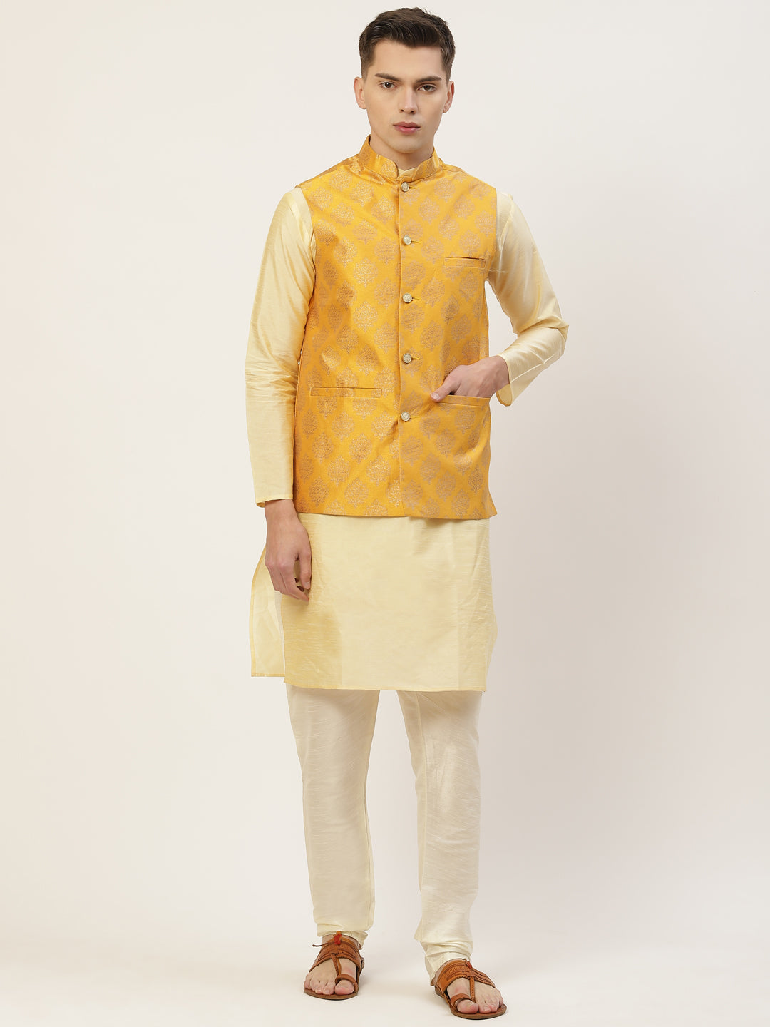 Jompers Men's Beautiful Mustard Printed Nehru Jacket | Grocsy